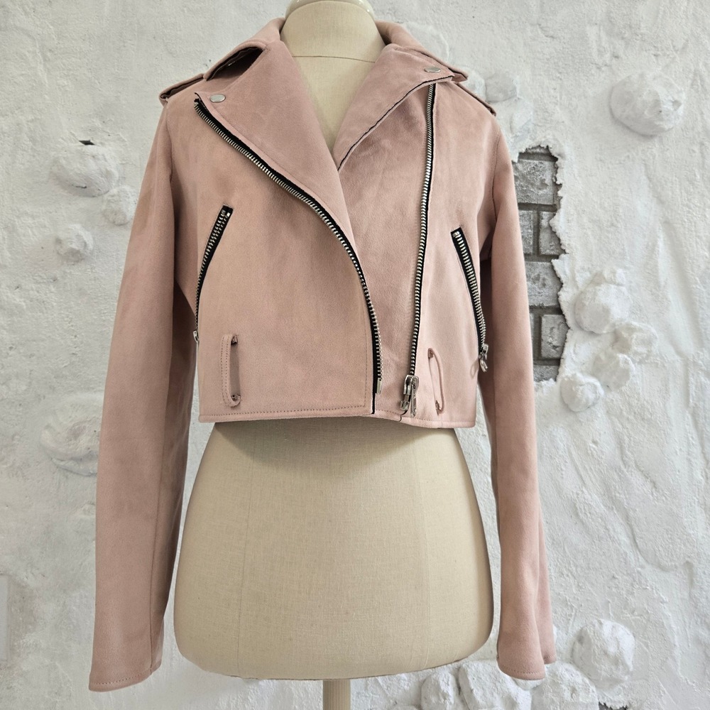Saks Fifth Avenue Womens Pink Pastel Faux Suede Cropped Moto Biker Jacket Sz L